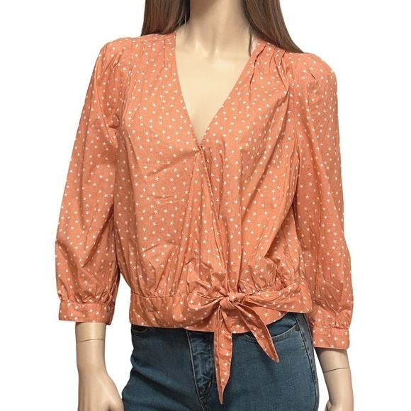 Madewell Blouse Top Shirt Wrap Peach Scatter Star Print Crossover Waist Tie - Picture 8 of 13